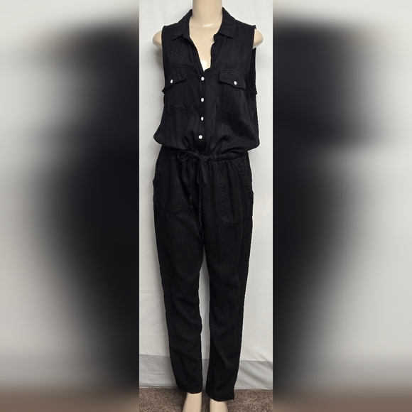 Velvet Heart Pants - Velvet Heart L Jumpsuit Black Tencel Sleeveless Button Down Elastic Drawstring